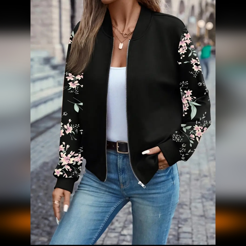 #Floral Print Zip Up Jacket. Elegant Long Sleeve Baseball Collar. Size:Medium